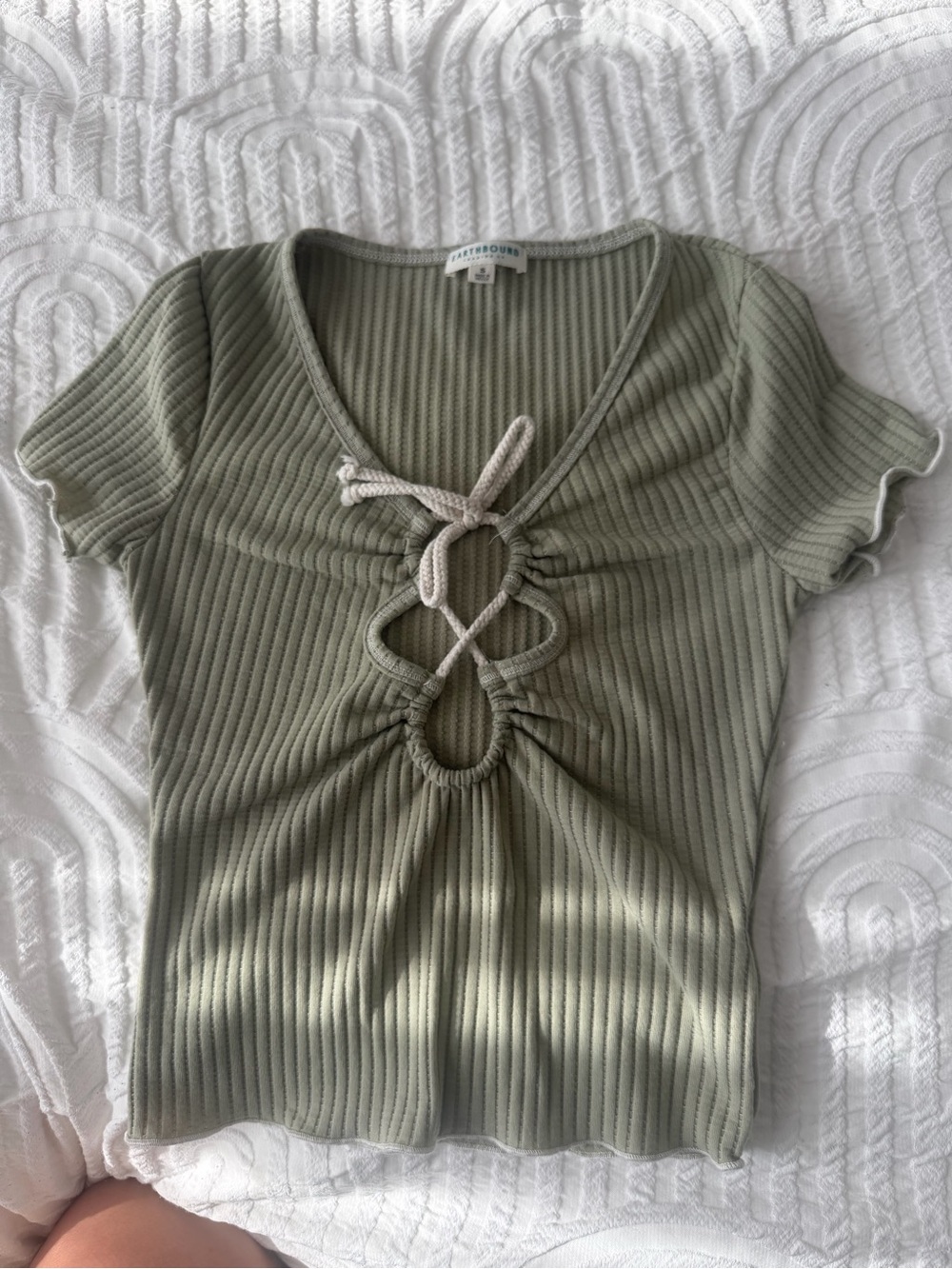 Sage Green Ribbed Tie-Front Crop Top